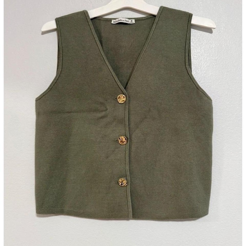 Abercrombie Fitch Olive Green Button Front Knit Vest Women's Medium